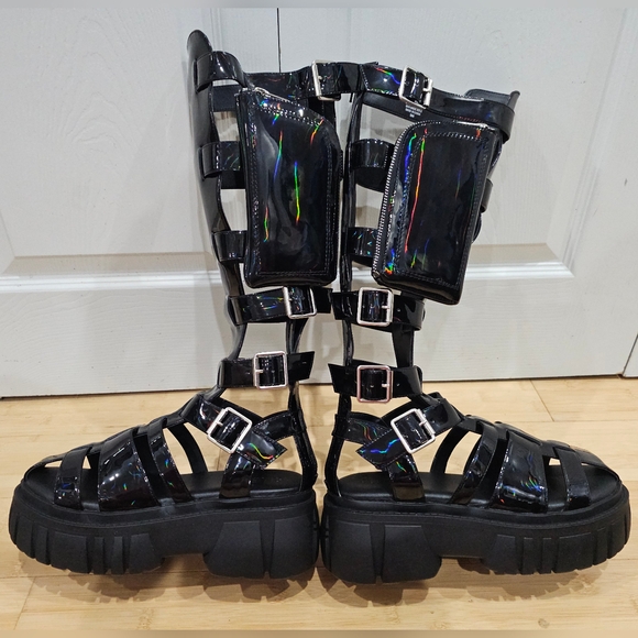 Dolls kill Holographic Oil slick black Club Exx Stage Diver Gladiator Sandals 9 - Picture 3 of 16